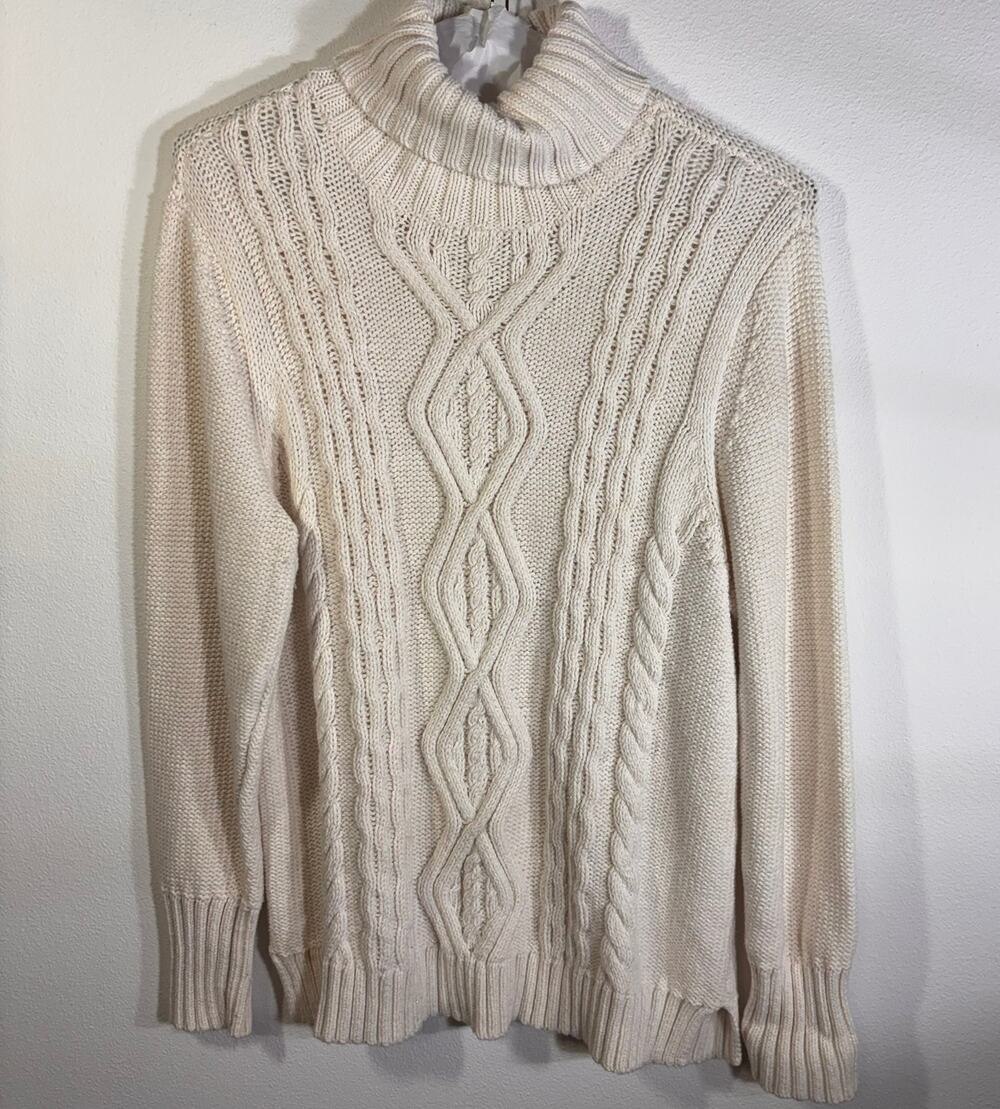 Liz Claiborne Cable Knit Turtleneck Sweater Ivory Women 1X Cozy Sparkles